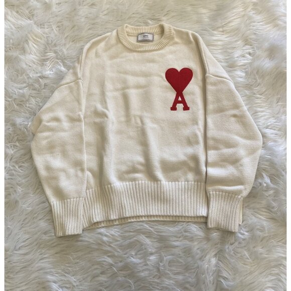 AMI Paris Alexandre Mattiussi Oversized Heart Embroidered Sweater Wool White XS - Picture 1 of 9